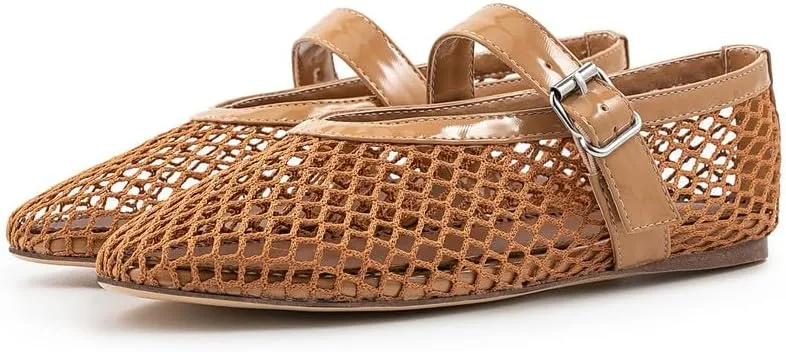 Goiphrri Ballet Flats Shoes for Women Fashion Summer Womens Flats Comfortable Dressy Buckle Strap Mary Jane Flats Round Toe Ballerina Flats for Women Wide Width Mesh Flats for Women