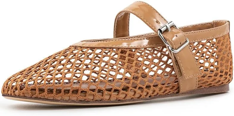 Goiphrri Ballet Flats Shoes for Women Fashion Summer Womens Flats Comfortable Dressy Buckle Strap Mary Jane Flats Round Toe Ballerina Flats for Women Wide Width Mesh Flats for Women