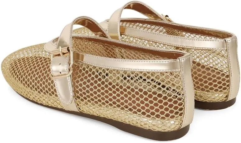 Goiphrri Ballet Flats Shoes for Women Fashion Summer Womens Flats Comfortable Dressy Buckle Strap Mary Jane Flats Round Toe Ballerina Flats for Women Wide Width Mesh Flats for Women