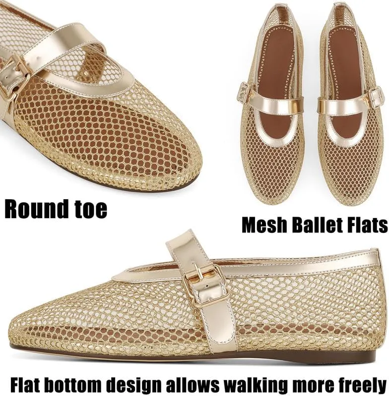 Goiphrri Ballet Flats Shoes for Women Fashion Summer Womens Flats Comfortable Dressy Buckle Strap Mary Jane Flats Round Toe Ballerina Flats for Women Wide Width Mesh Flats for Women