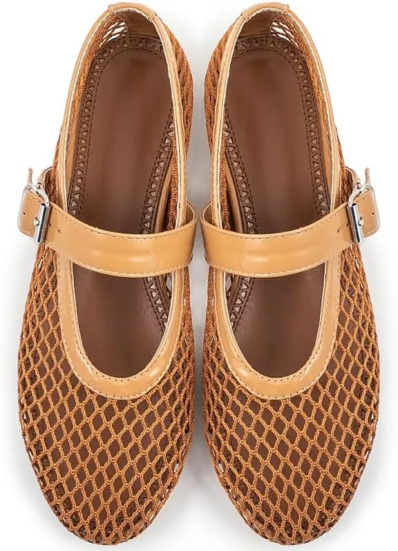 Goiphrri Ballet Flats Shoes for Women Fashion Summer Womens Flats Comfortable Dressy Buckle Strap Mary Jane Flats Round Toe Ballerina Flats for Women Wide Width Mesh Flats for Women