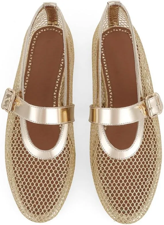 Goiphrri Ballet Flats Shoes for Women Fashion Summer Womens Flats Comfortable Dressy Buckle Strap Mary Jane Flats Round Toe Ballerina Flats for Women Wide Width Mesh Flats for Women