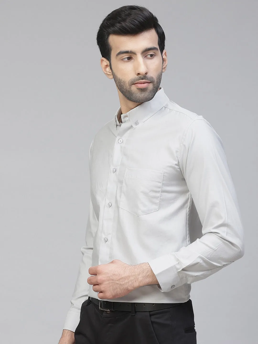 Men Grey Twill Weave Smart Slim Fit Solid Formal Shirt