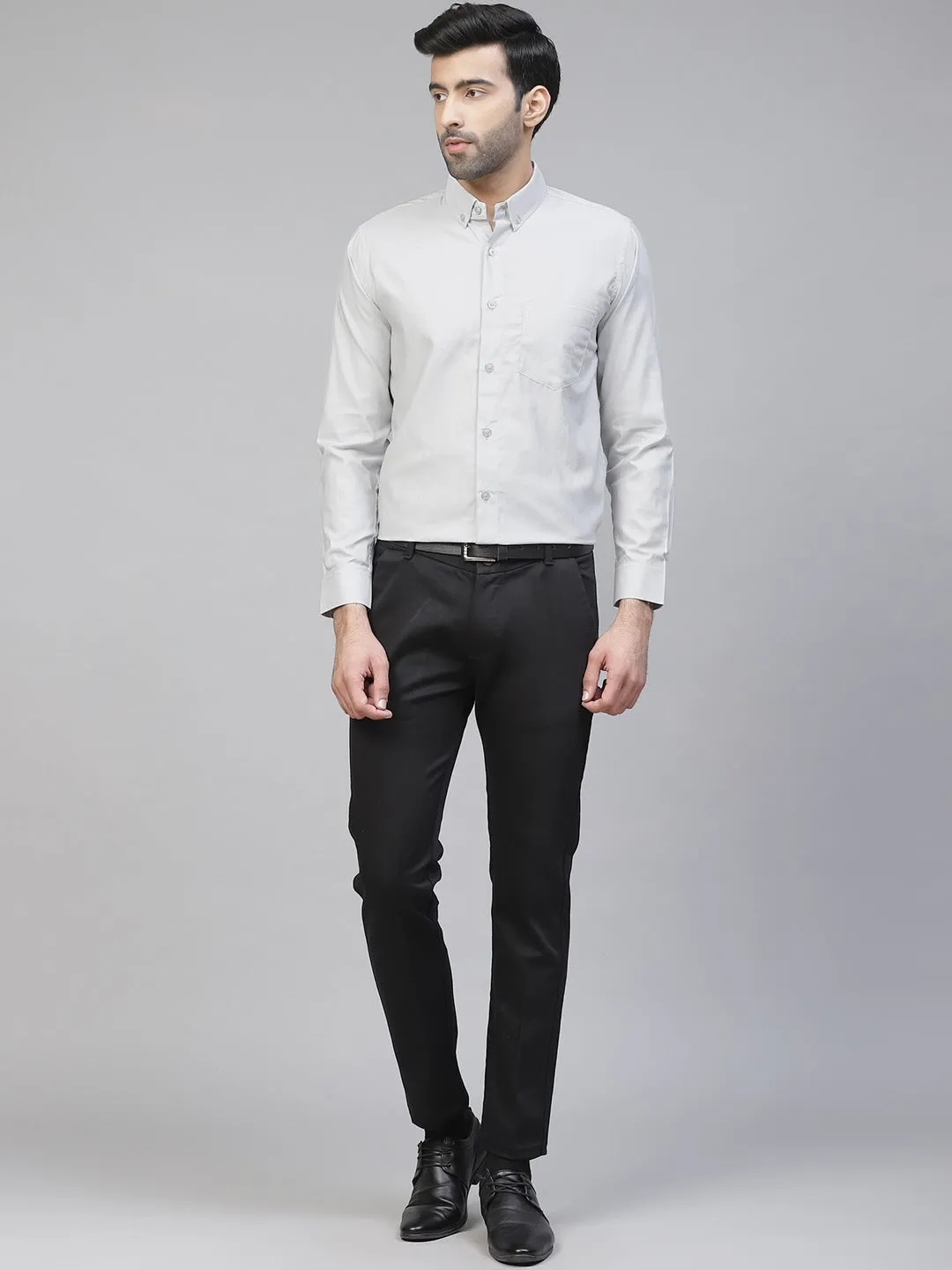 Men Grey Twill Weave Smart Slim Fit Solid Formal Shirt