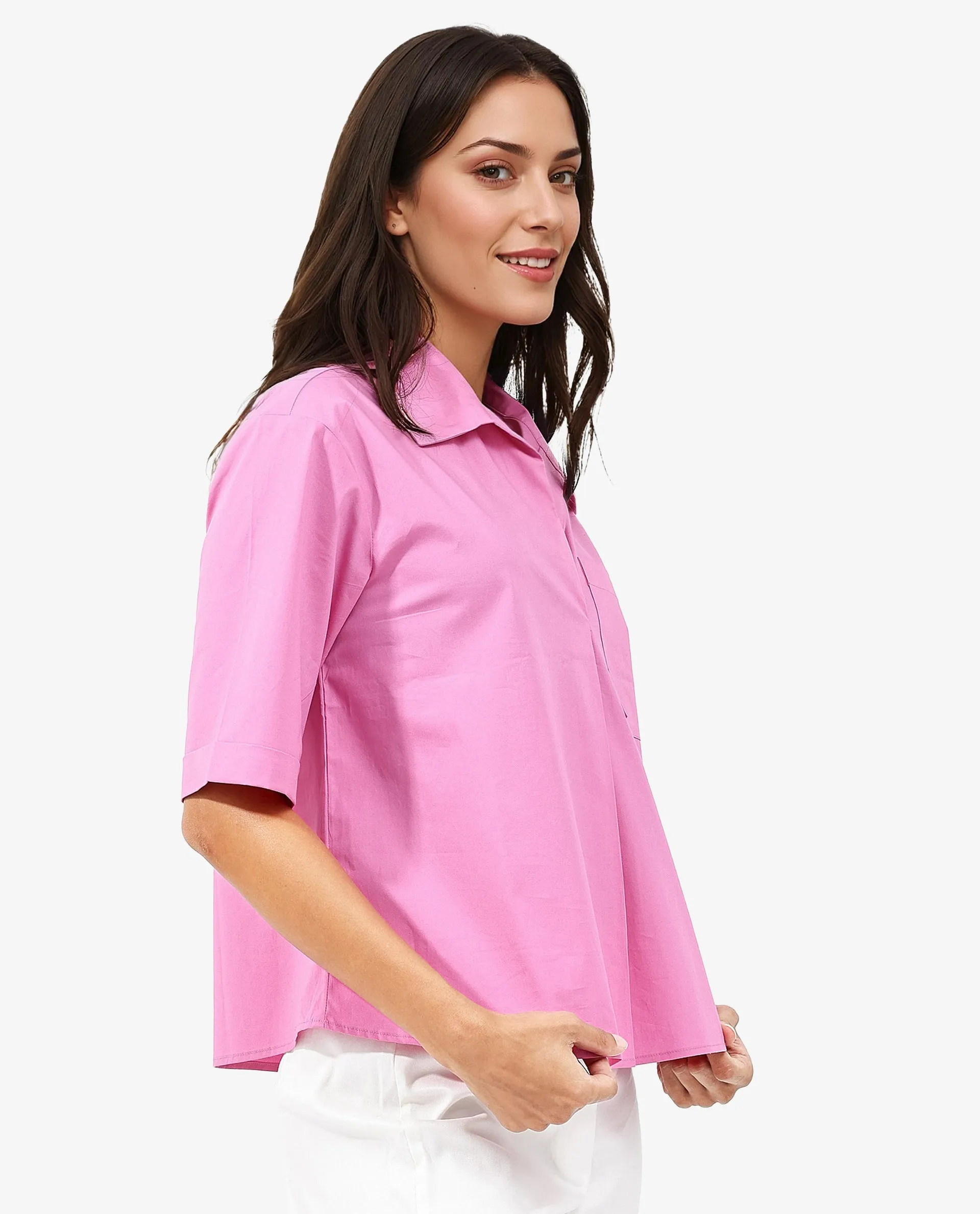 Rareism Women Toefil Pastel Pink Cotton Fabric Collared Neck Solid Regular Fit Shirt