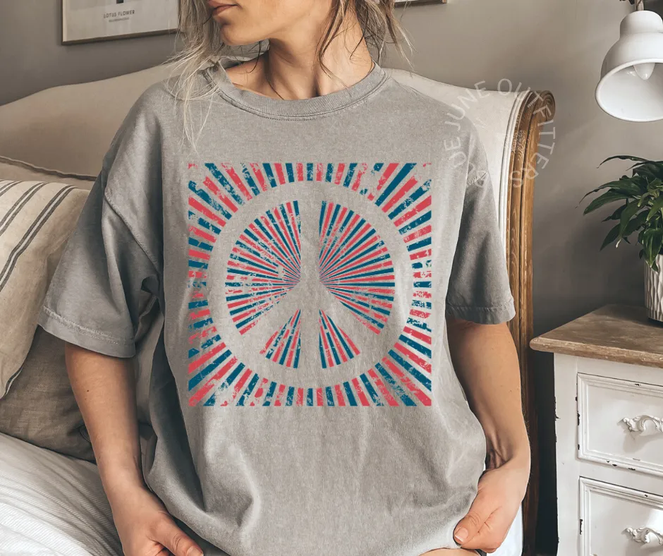 Retro Red White Blue Peace Sign | Comfort Colors Fourth of July Tee