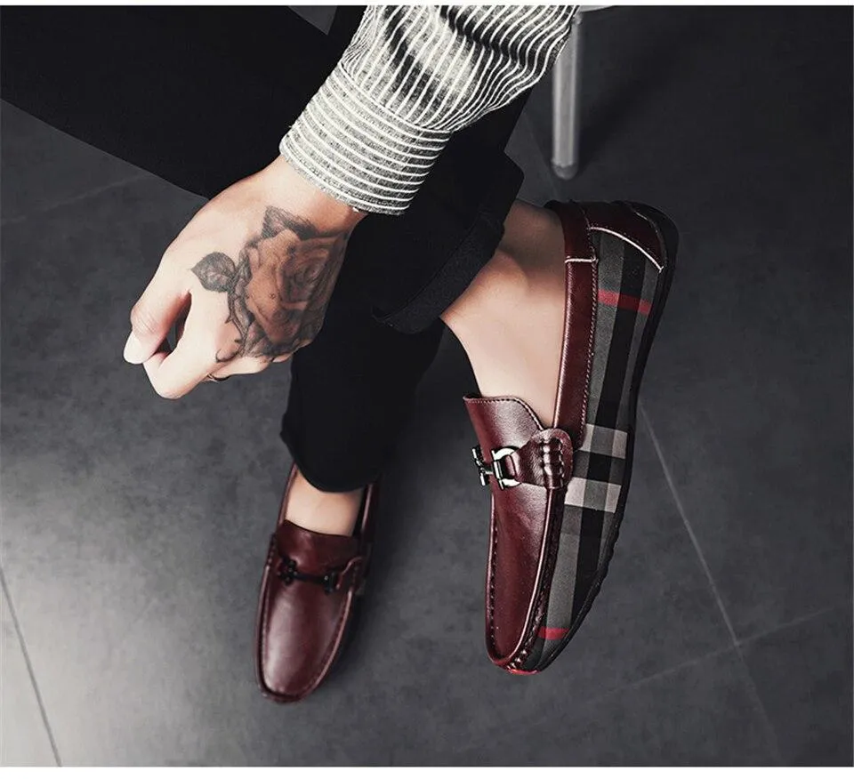 West Louis Plaid Design Leather Moccasins