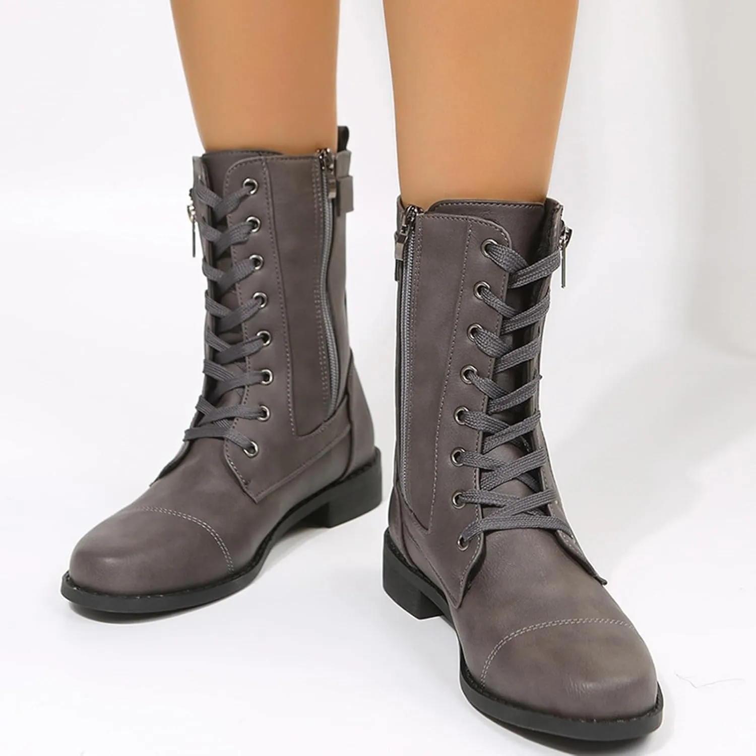 Work Boots for Women Ankle Women's Booties Wide Width Short Boots for Women Brown Boot Laces Soft Sole Fashion Chunky Block Heel Side Zipper Pointd Toe