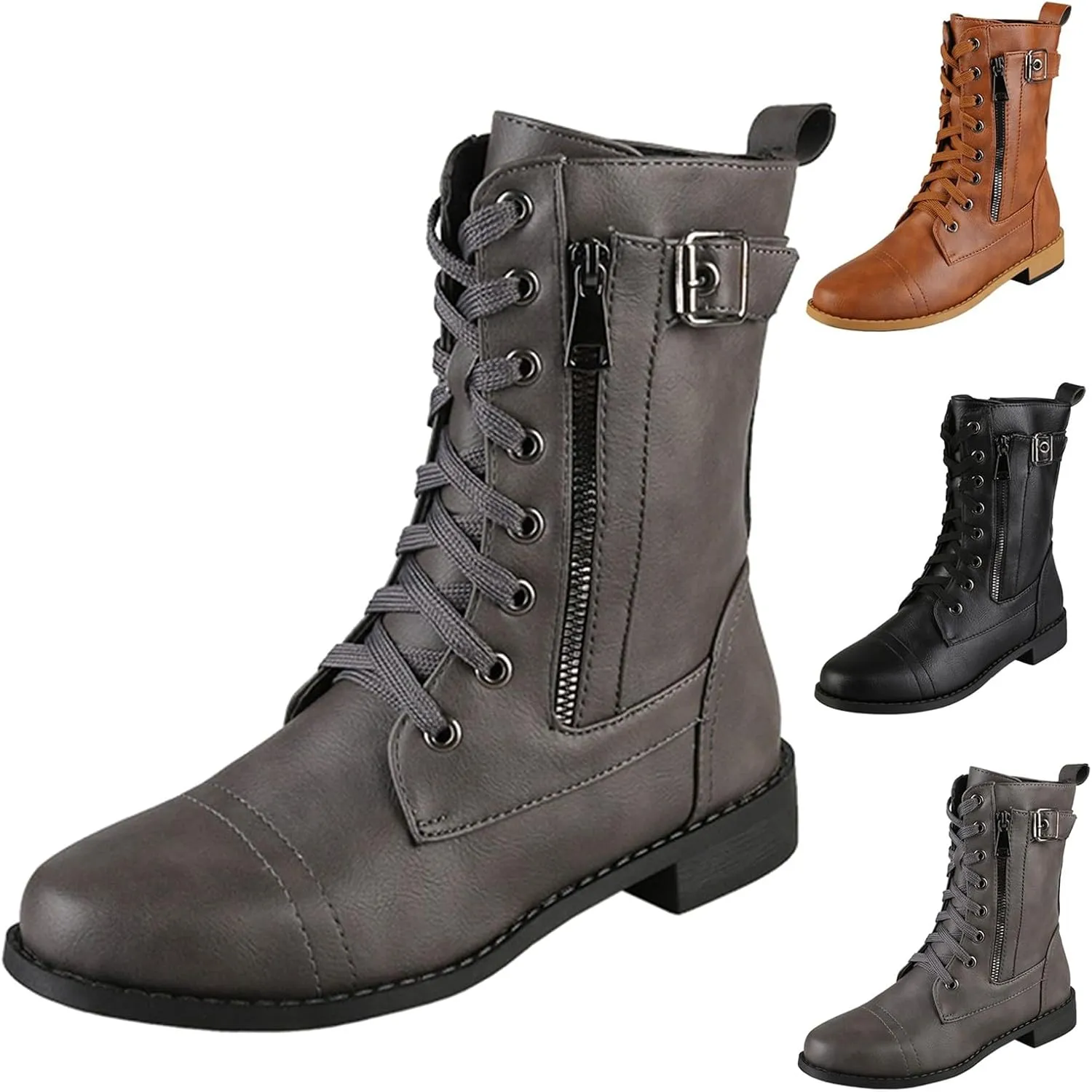 Work Boots for Women Ankle Women's Booties Wide Width Short Boots for Women Brown Boot Laces Soft Sole Fashion Chunky Block Heel Side Zipper Pointd Toe